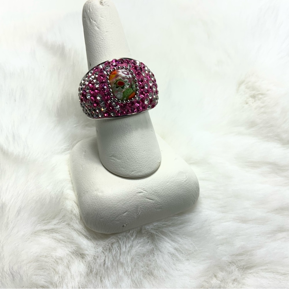Murano Millefiori Glass, Austrian Crystal Ring In Stainless Steel Sz 10